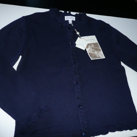 Rachel Riley Girl SZ 12 Ruffled Edge Cardigan Navy Blue Sweater Sparkle Buttons - Picture 8 of 9